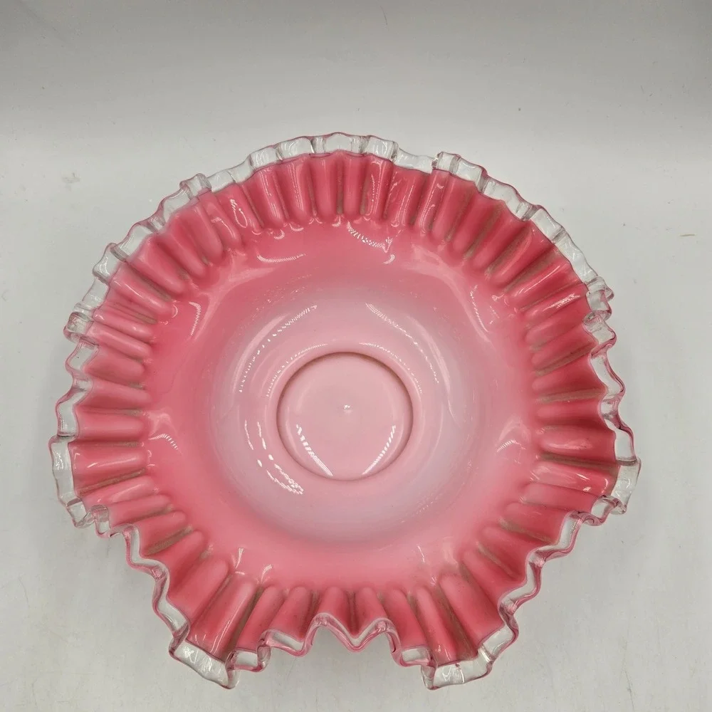 VTG Fenton Peach Crest Pink Cased Milk Glass Ruffled Brides Bowl Clear Edge A+